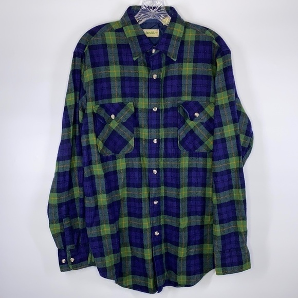 Vintage St. John's Bay Blue Green Plaid Wool Button Up Size Large-Tall - Picture 1 of 7